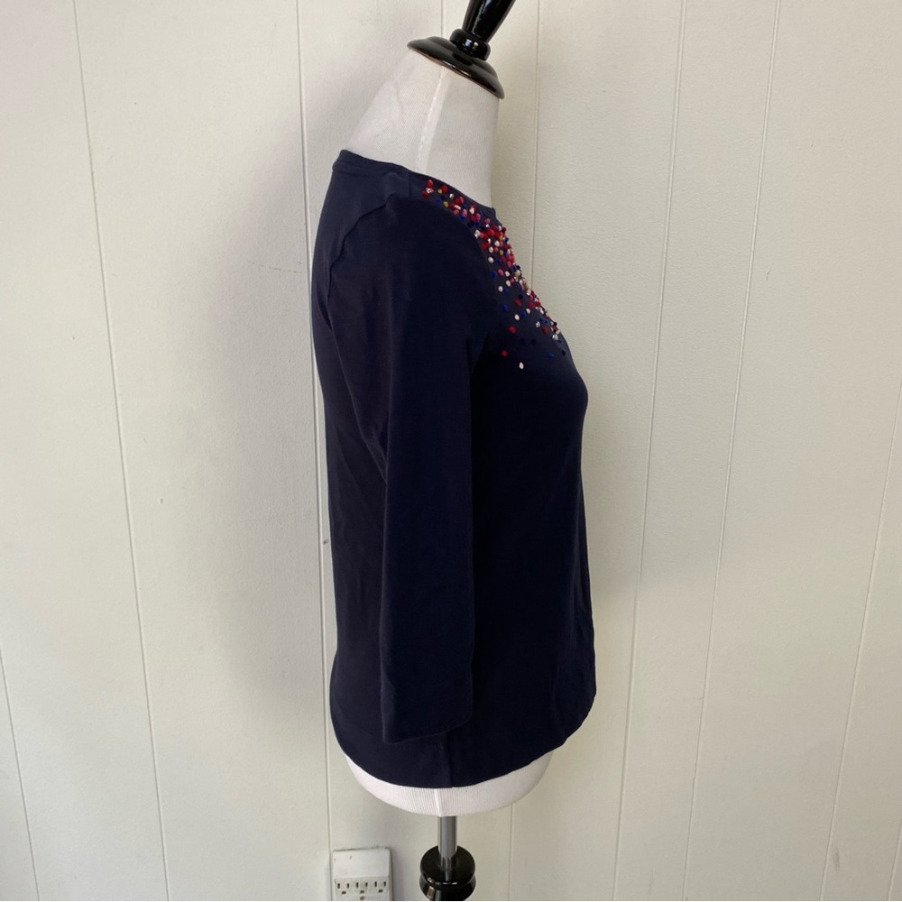 Talbots 3/4 sleeves multicolor embellish mini pom pom top Navy Blue Sz Petite P - Picture 4 of 12